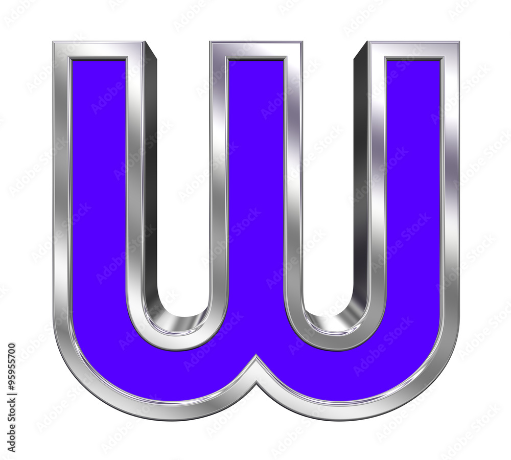 Fototapete One letter from blue with chrome frame alphabet set, isolated on white. Computer generated 3D photo rendering.
