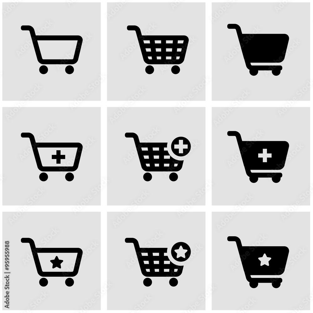 Wall mural vector black shopping cart icon set. shopping cart icon object, shopping cart icon picture, shopping