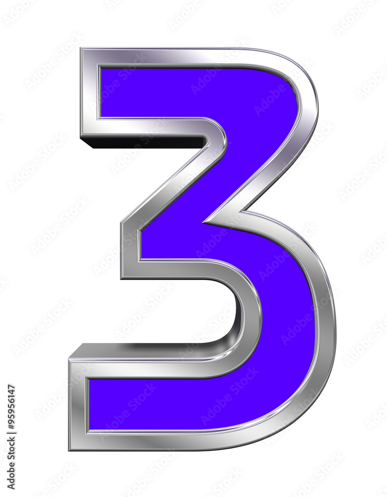Fototapete one digit from blue with chrome frame alphabet set, isolated on white. computer generated 3d photo r