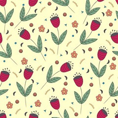 Cute bellflowers seamless pattern. Vintage yellow background. Red flat flowers. Floral texture. Summer backdrop. Vector illustration.