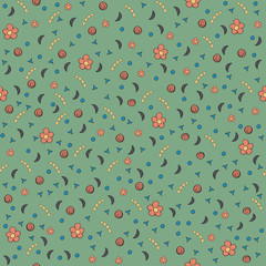 Cute tiny flowers and elements. Seamless pattern. Vintage green background. Floral texture. Summer backdrop. Vector illustration.