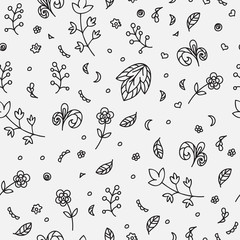 Floral texture. Doodle seamless pattern. Abstract flowers and elements on the light gray background. Vector illustration. Decorative card. 