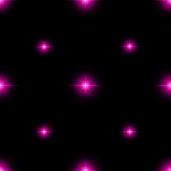 Seamless pattern of luminous stars. Illusion of light flashes. Pink flames on a black background. Abstract background. Vector illustration. 