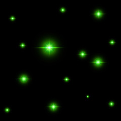 Seamless pattern of luminous stars. Illusion of light flashes. Green flames on a black background. Abstract background. Vector illustration. 