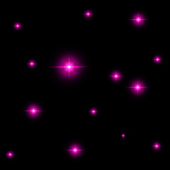 Seamless pattern of luminous stars. Illusion of light flashes. Pink flames on a black background. Abstract background. Vector illustration. 