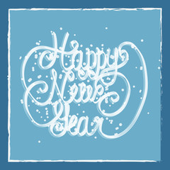 Happy New Year greeting card. Hand lettering. Handmade calligraphy, HNY logo.
Vector illustration. Light blue background.