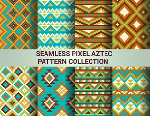Collection of bright seamless pixel patterns in tribal style. Aztec geometric triangle and chevron patterns. Pantone colors.