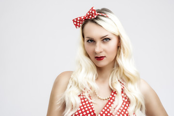 Caucasian Female Blond Woman Posing in Pinup Style Clothes Again