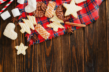 Christmas mood , festive cookies with milk and cinnamon on a wooden background