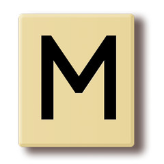 Tile in the style of the word game "Scrabble" showing the letter "M"