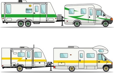 Set of car and travel trailers on a white background in flat style. Vector illustration