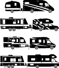 Set of different silhouettes travel trailer caravans on a white background. Vector illustration
