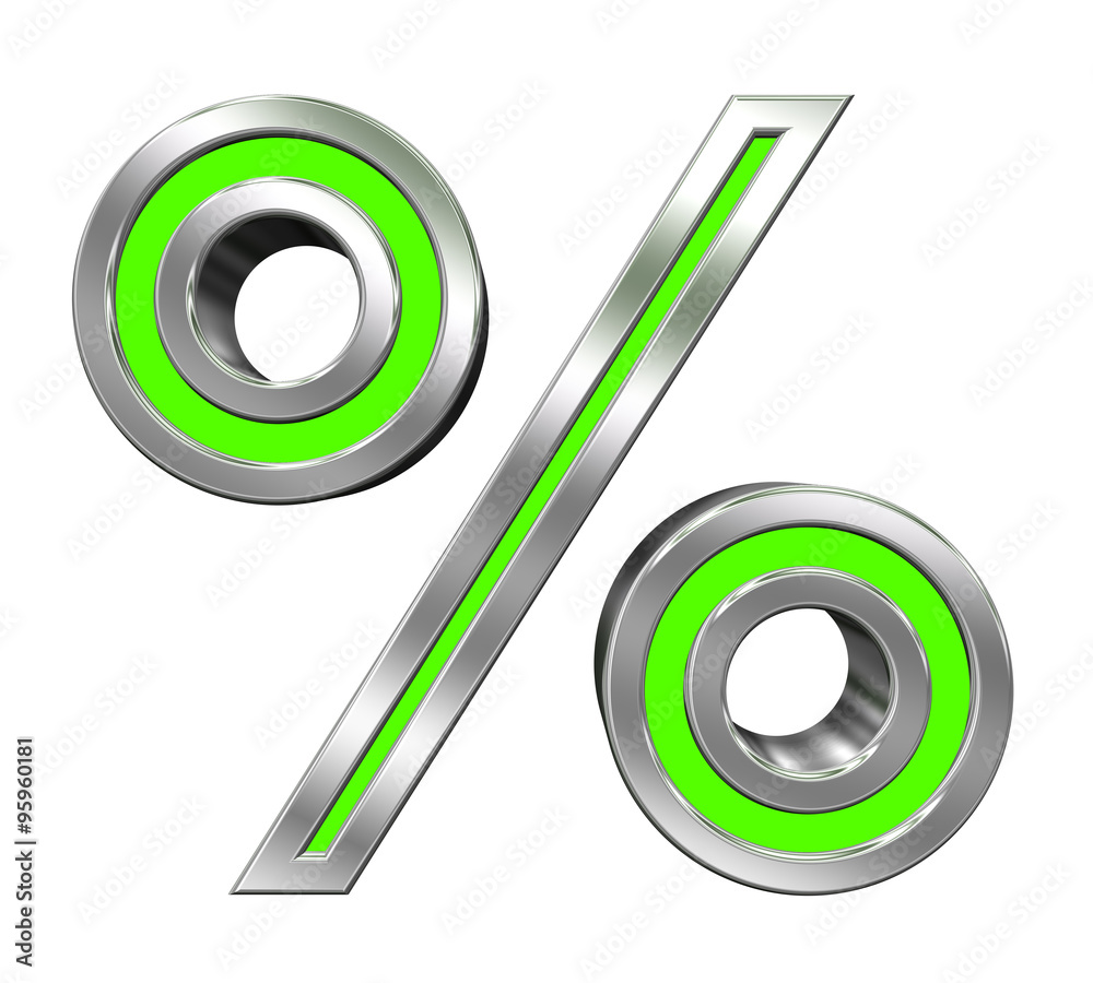 Fototapete Percent sign from green with chrome frame alphabet set, isolated on white. Computer generated 3D photo rendering.
