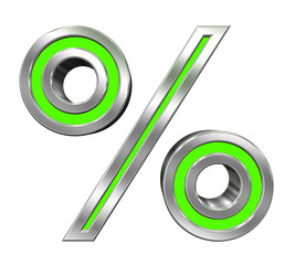Percent sign from green with chrome frame alphabet set, isolated on white. Computer generated 3D photo rendering.