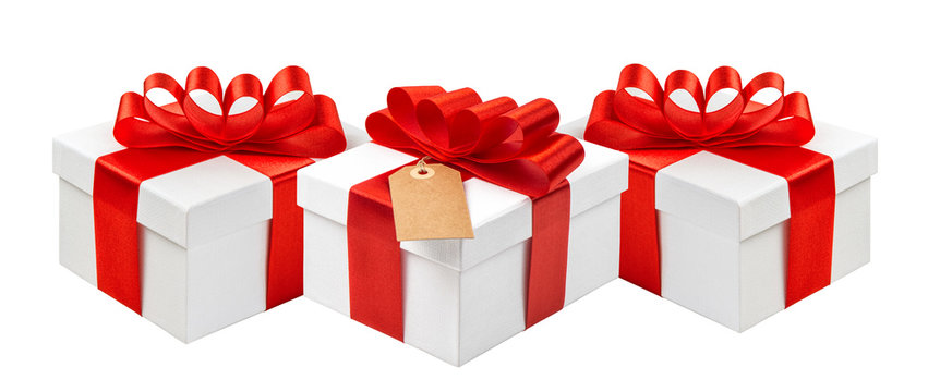 Gift box with red ribbon bow decoration. Holidays card certifica