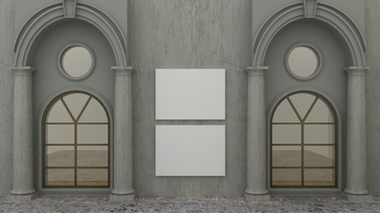 Empty picture frames in classic exteriour background on the concrete wall with arc pavement street floor. Copy space image.