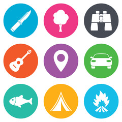 Camping, tourism icons. Fishing, guitar music.