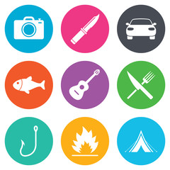 Camping travel icons. Fishing, tourist tent.