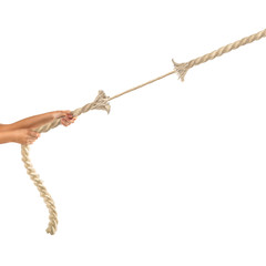 Hands of people pulling the rope on white background. Competition concept