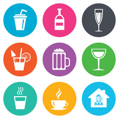 Coffee, tea icons. Alcohol drinks signs.