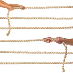 Hands of people pulling the rope on white background. Competition concept