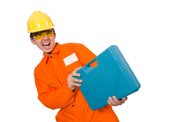 Man in orange coveralls isolated on white