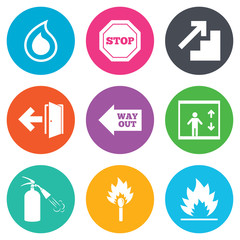 Fire safety, emergency icons. Extinguisher sign.