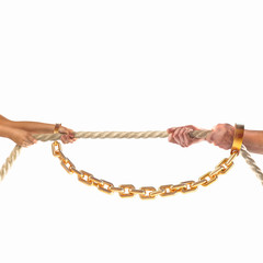 Hands of people pulling the rope on white background. Competition concept