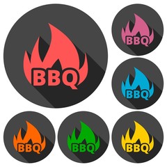 BBQ, Grill Or Barbecue icons set with long shadow