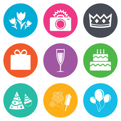 Party celebration, birthday icons. Fireworks.