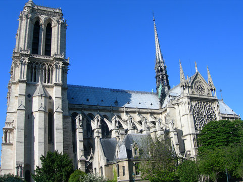 Architectural details of the Notre Dame Cathedral in Paris, France