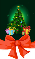 Colorful fir xmas tree and gift - vector illustration