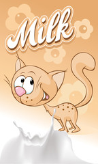 Cute brown smiling cat on beige milk design - vector illustration