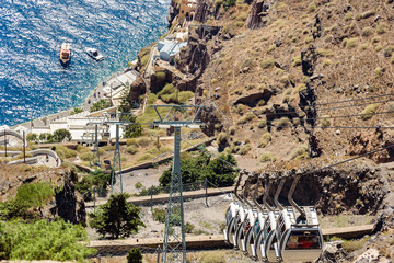 Cable road down to old port of Thira town on Santorini island, Greece