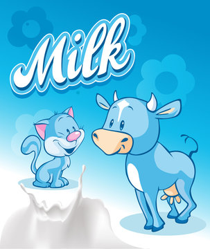 Cute cow and cat  on blue milk design - vector illustration