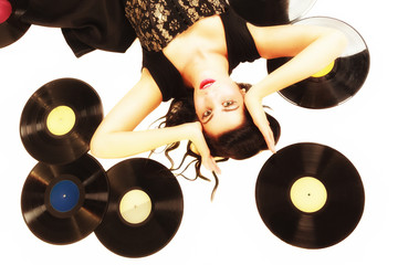 Girl with phonography analogue records music lover