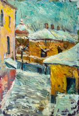 Beautiful bright colors  winter Original Oil Painting of street  On Canvas - 95965309