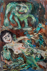 Abstract picture of a naked girl shrouded in terrible monsters in Impressionism style