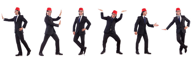 Man wearing fez hat isolated on white