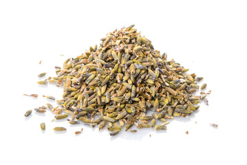 Dried lavender herbal tea over white background
