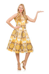 Pretty girl in yellow floral dress isolated on white