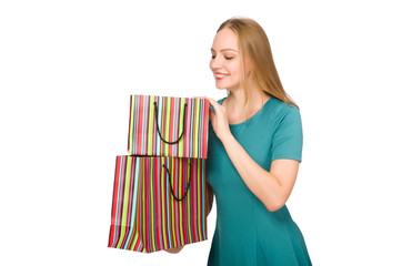 Woman in christmas shopping concept on white