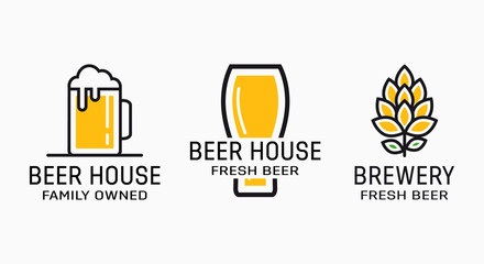 Set of vintage beer and pub logos. Labels with bottles, hops, and bocal