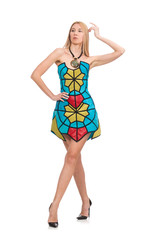 Woman in vivid strapless dress isolated on white