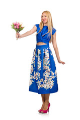 Woman with tulip flowers on white