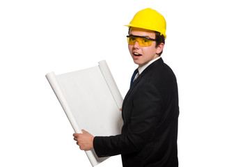Funny architect with drawings on white