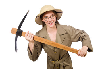 Woman wearing safari hat on white