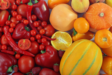 Close-up composition of various raw organic vegetables and fruit