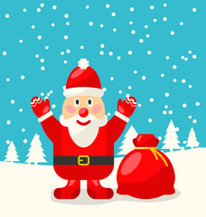 Jolly Christmas Santa Holding Up A Stack Of Presents In The Snow