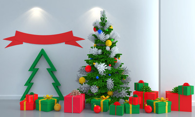 Christmas tree with gifts on white wall background.